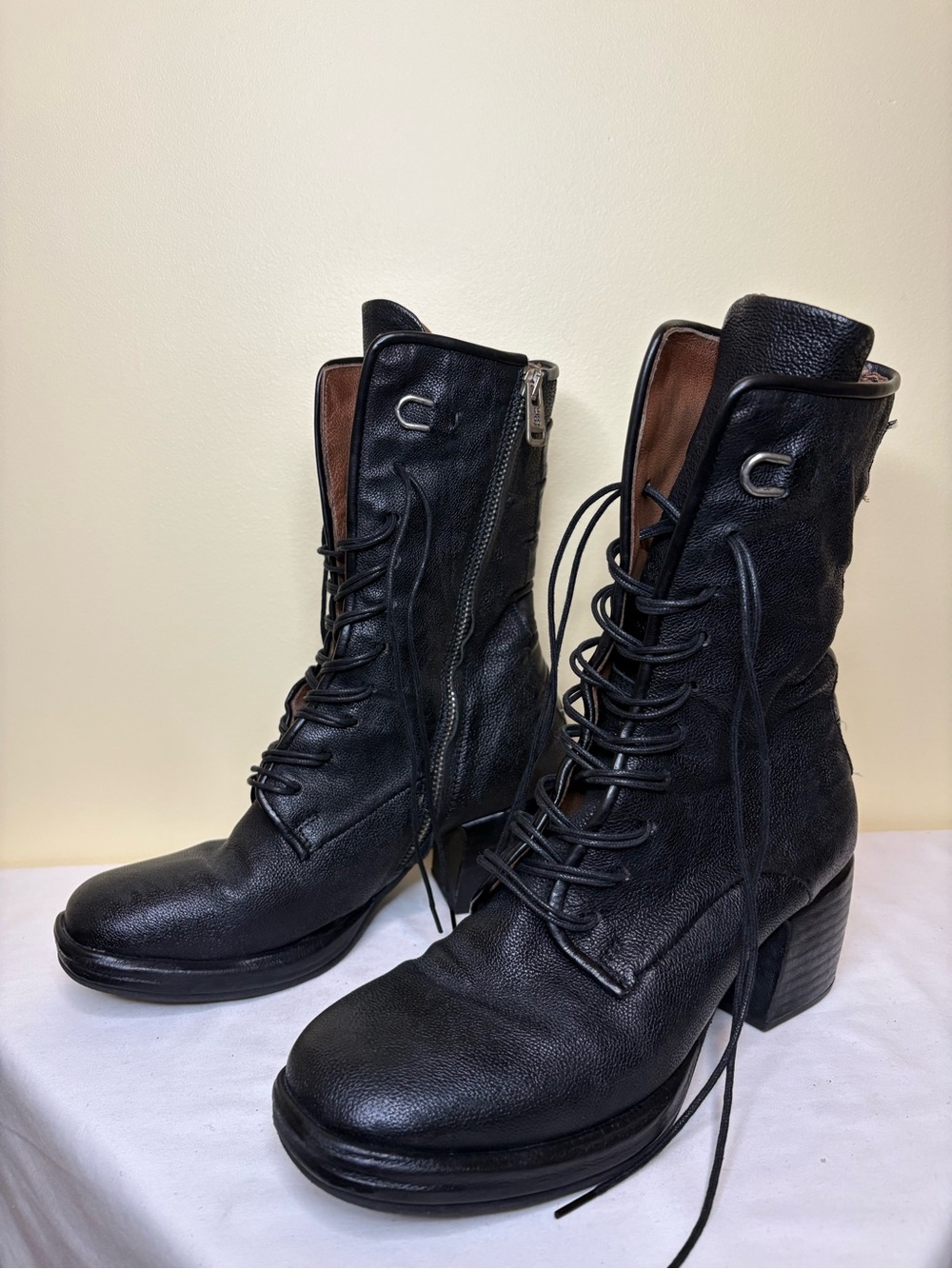 A.S.98 Black Leather Lace-Up Block Heel Boots Size 38